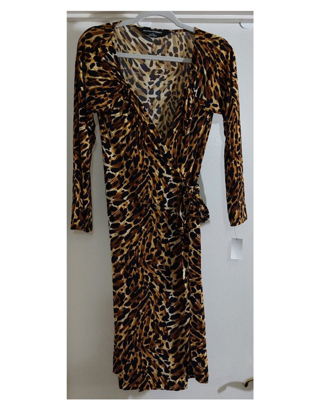Norma Kamali Leopard Animal Print Stretch Long Sleeve Sweetheart Wrap Dress L